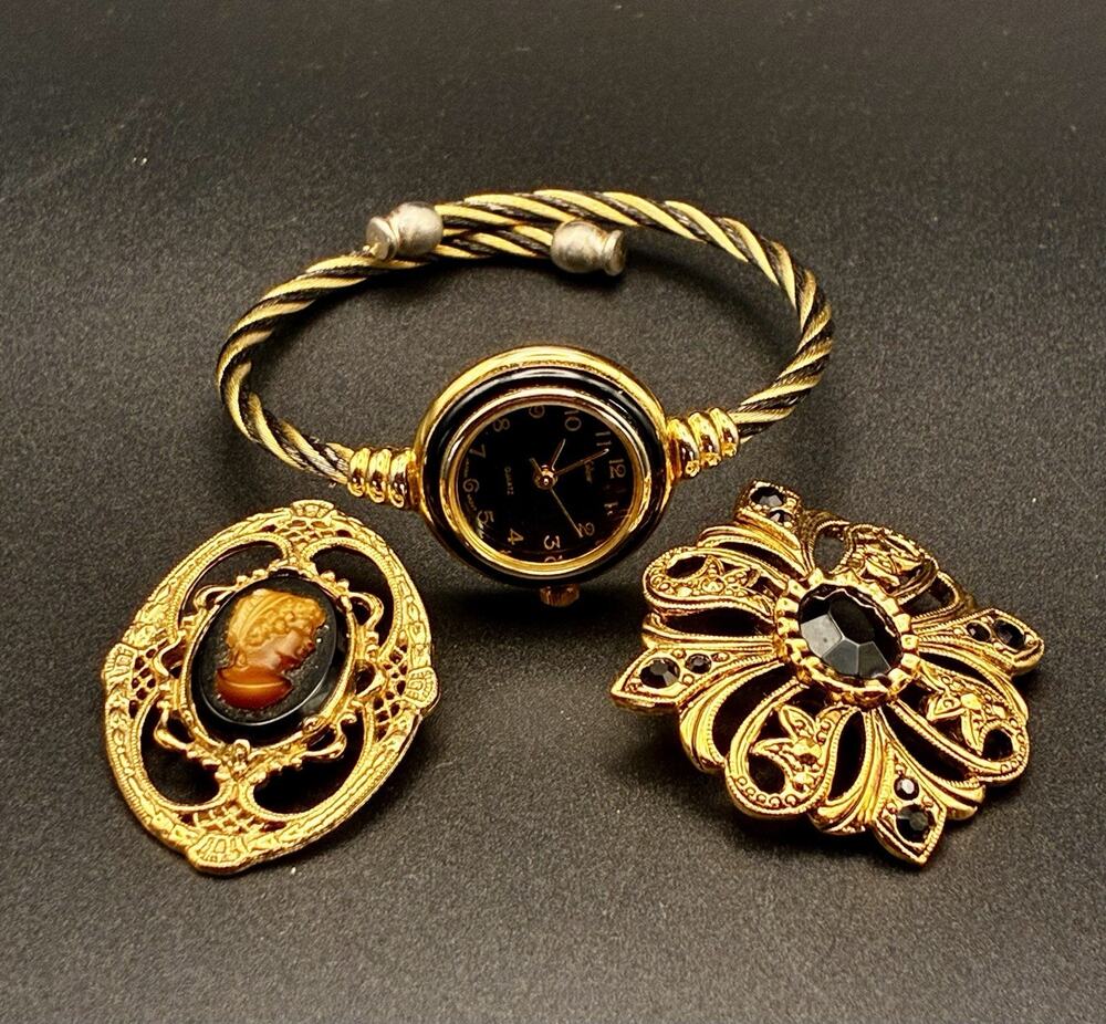 Cameo Pin Set Black And Gold Collezieo Watch, Filagree Cabochon Pendant